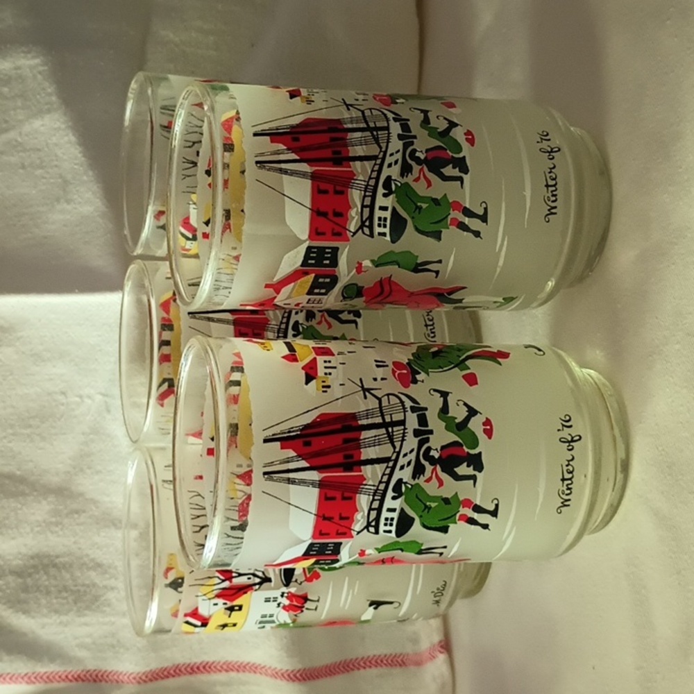 Vintage Libbey Glasses "Winter Of 76" Ice Skating Scenes Set Of 5 MCM